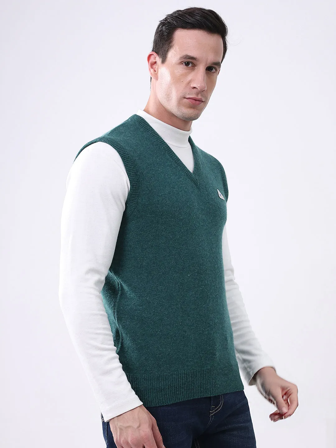 Men Green Solid V Neck Sleeveless Sweater sold by Monte Carlo product image thumbnail 4