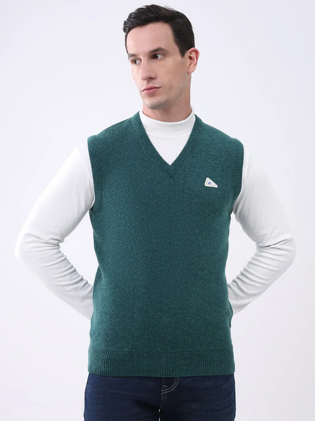 Men Green Solid V Neck Sleeveless Sweater sold by Monte Carlo