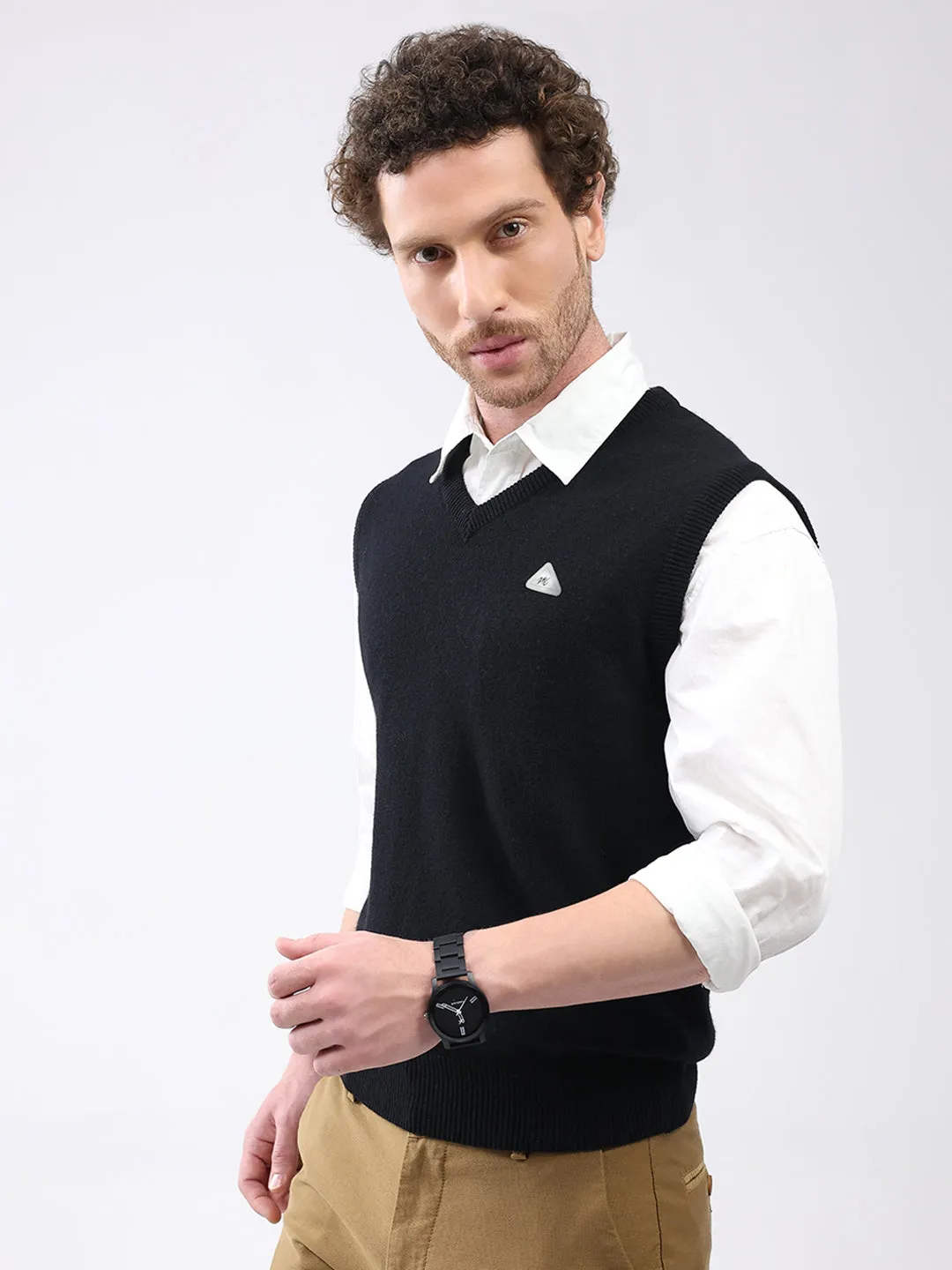 Men Black Solid V Neck Sleeveless Sweater sold by Monte Carlo product image thumbnail 3