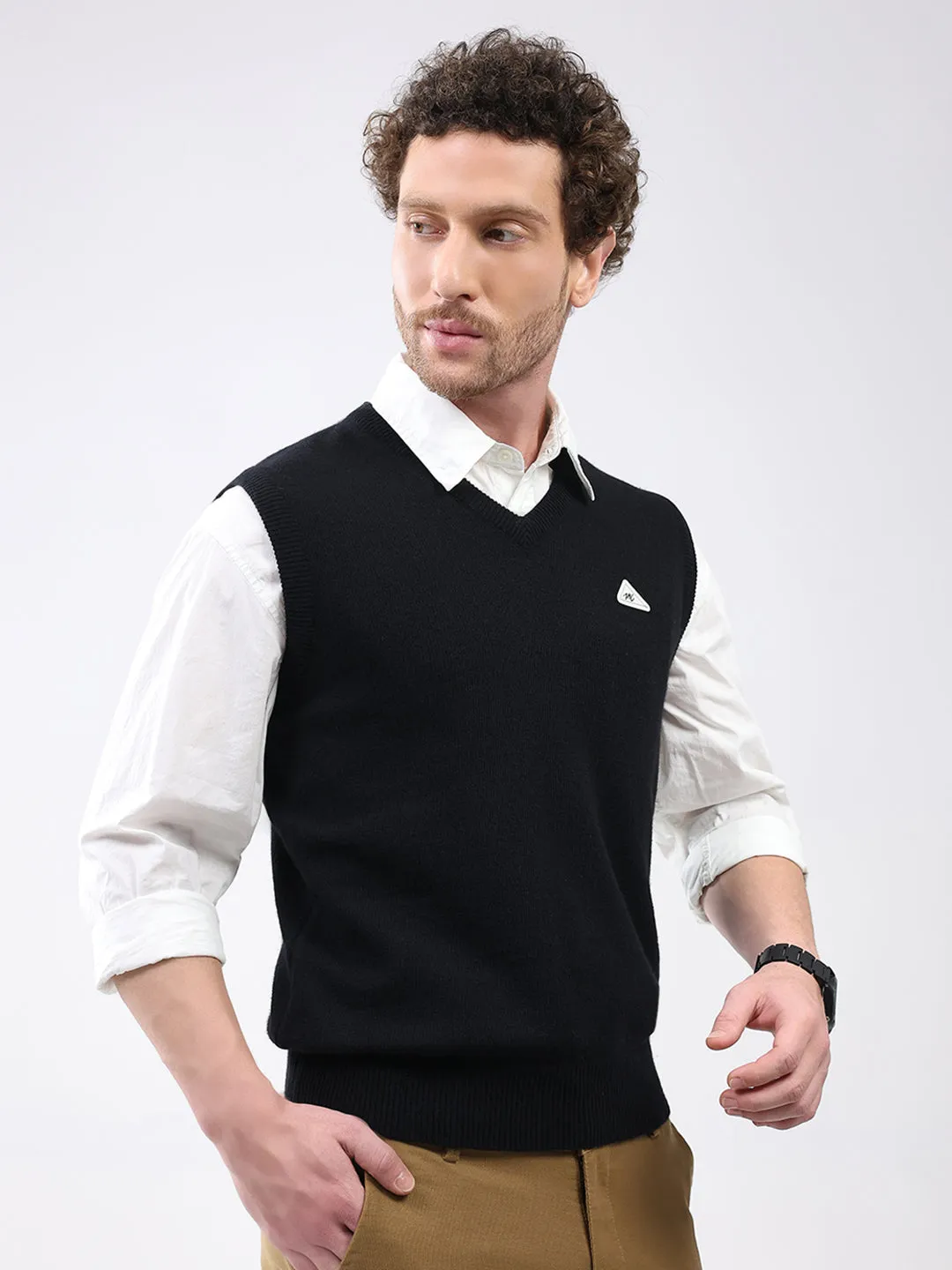 Men Black Solid V Neck Sleeveless Sweater sold by Monte Carlo product image thumbnail 4