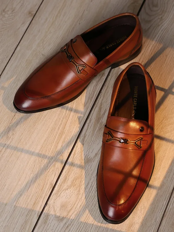 Men Tan Slip on Genuine Leather Horse-Bit Buckle Loafers sold by Monte Carlo