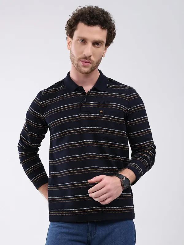 Men Navy Blue Stripe Collar Full Sleeve Winter T-Shirt made by Monte Carlo
