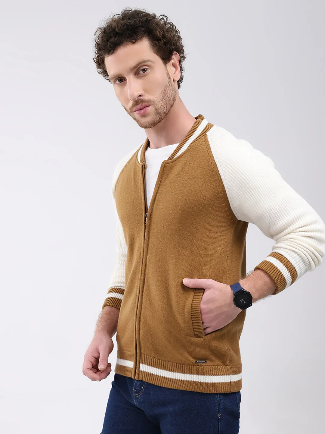 Men Khaki Solid Round Neck Full Sleeve Pullover sold by Monte Carlo product image thumbnail 3