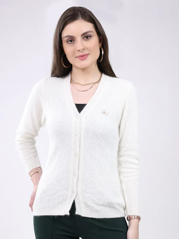 Women Off White Self Design V Neck Full Sleeve Cardigan sold by Monte Carlo