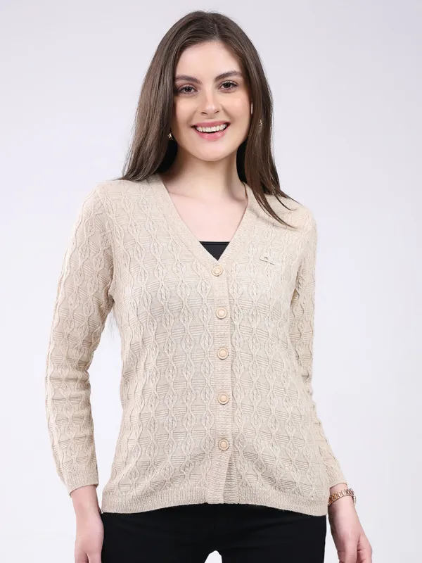 Women Beige Self Design V Neck Full Sleeve Cardigan sold by Monte Carlo