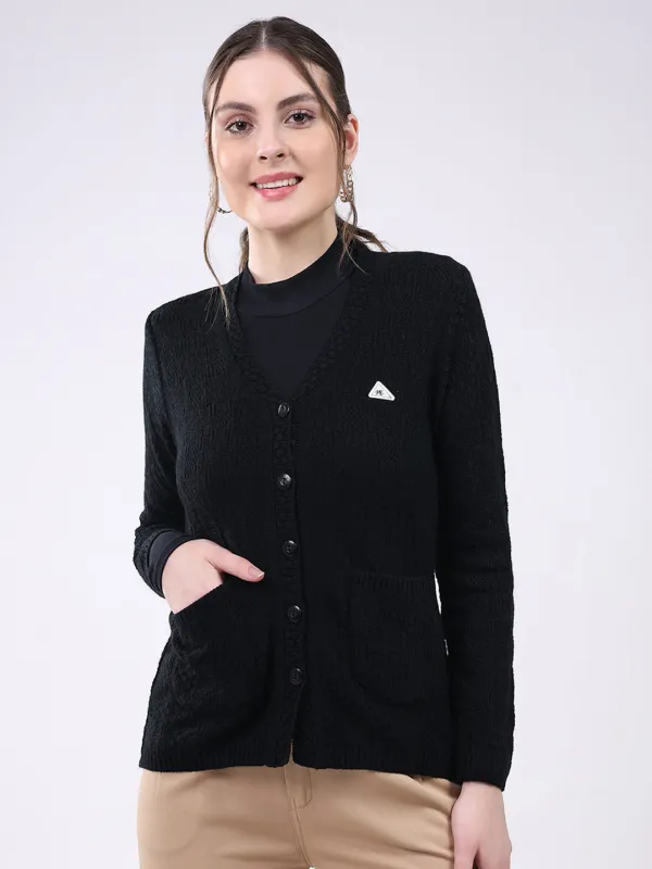 Women Black Self Design V Neck Full Sleeve Cardigan sold by Monte Carlo
