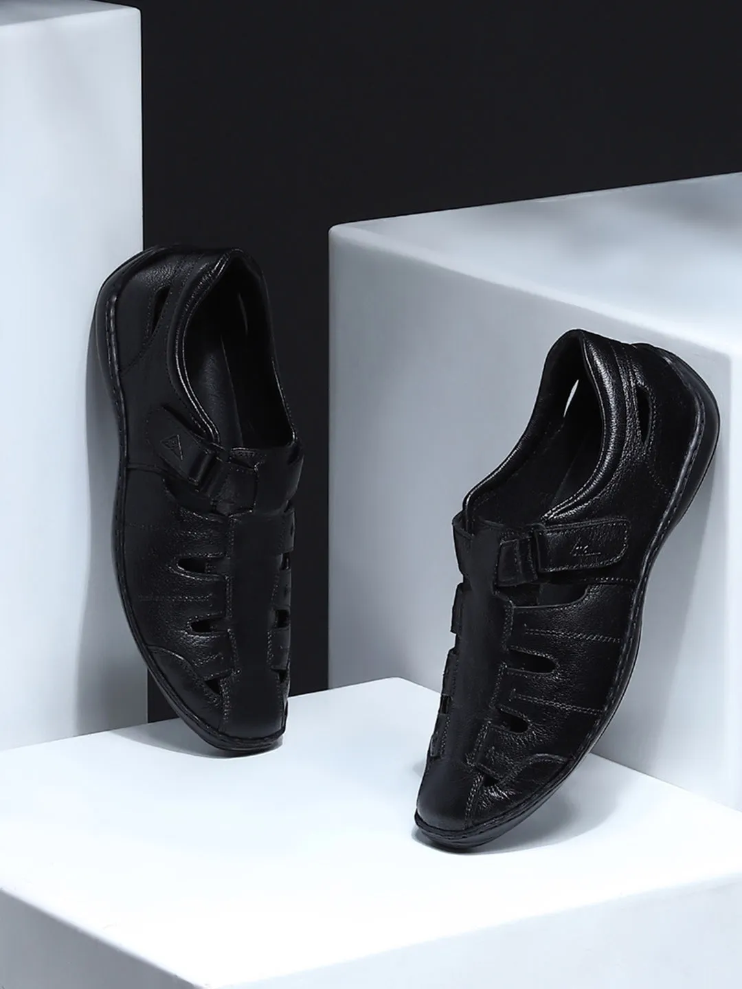 Men Black Velcro Leather Sandals sold by Monte Carlo