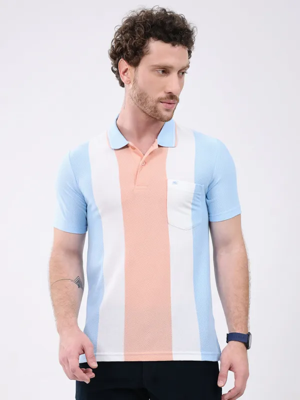 Men Peach Stripe Collar Half Sleeve T-Shirt made by Monte Carlo