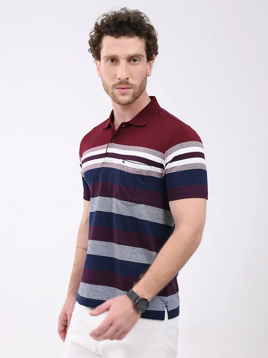 Men Maroon Stripe Collar Half Sleeve T-Shirt sold by Monte Carlo product image thumbnail 3