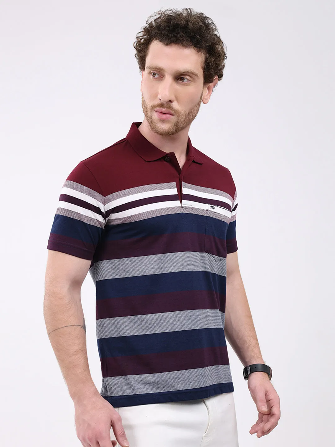 Men Maroon Stripe Collar Half Sleeve T-Shirt sold by Monte Carlo product image thumbnail 4