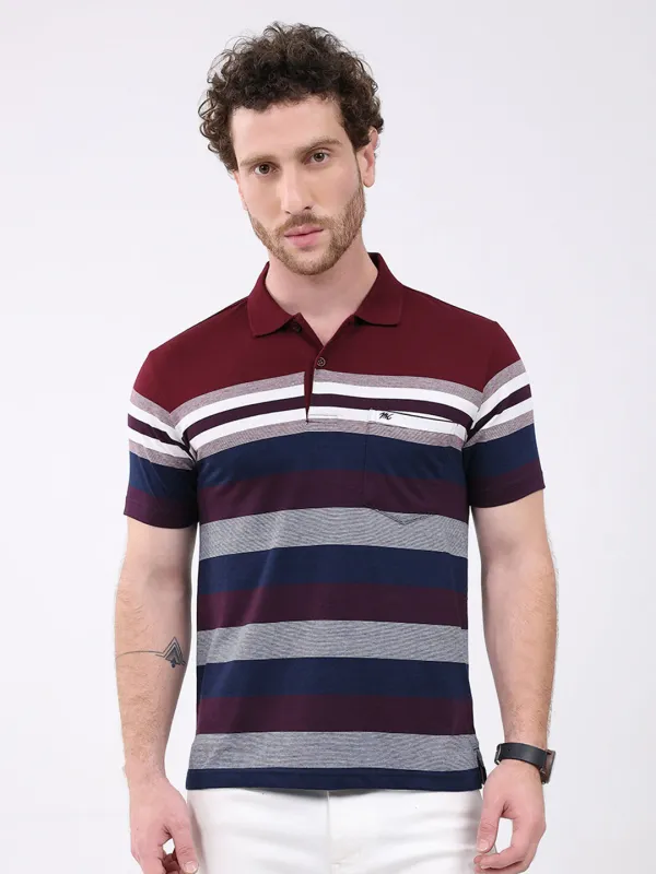 Men Maroon Stripe Collar Half Sleeve T-Shirt made by Monte Carlo