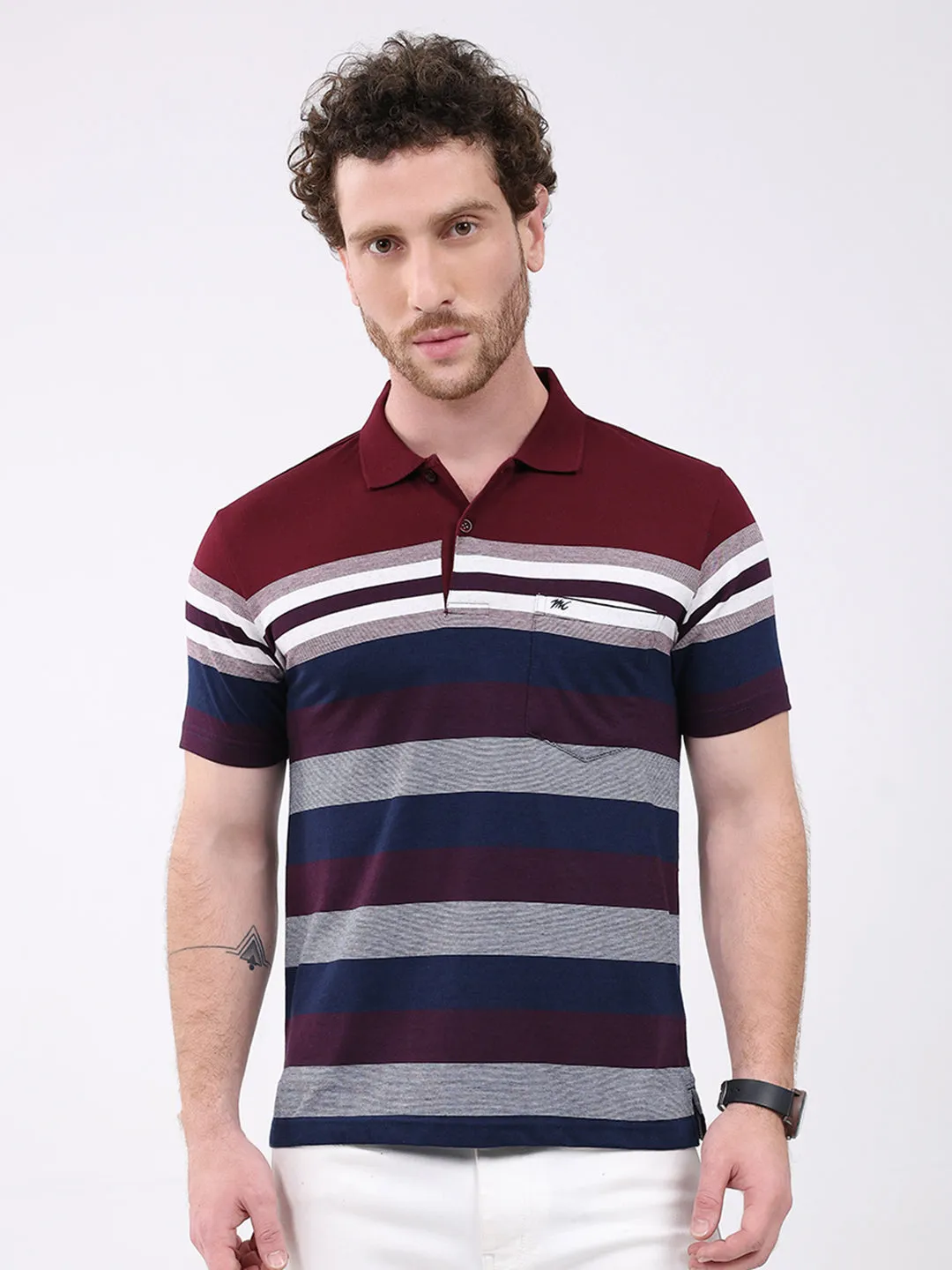 Men Maroon Stripe Collar Half Sleeve T-Shirt sold by Monte Carlo