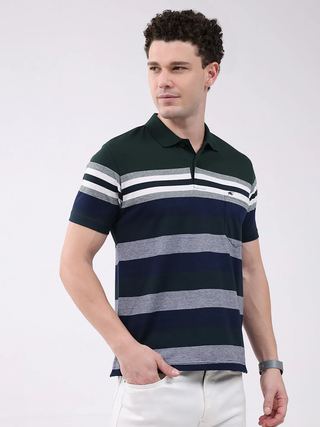 Men Green Stripe Collar Half Sleeve T-Shirt sold by Monte Carlo product image thumbnail 4