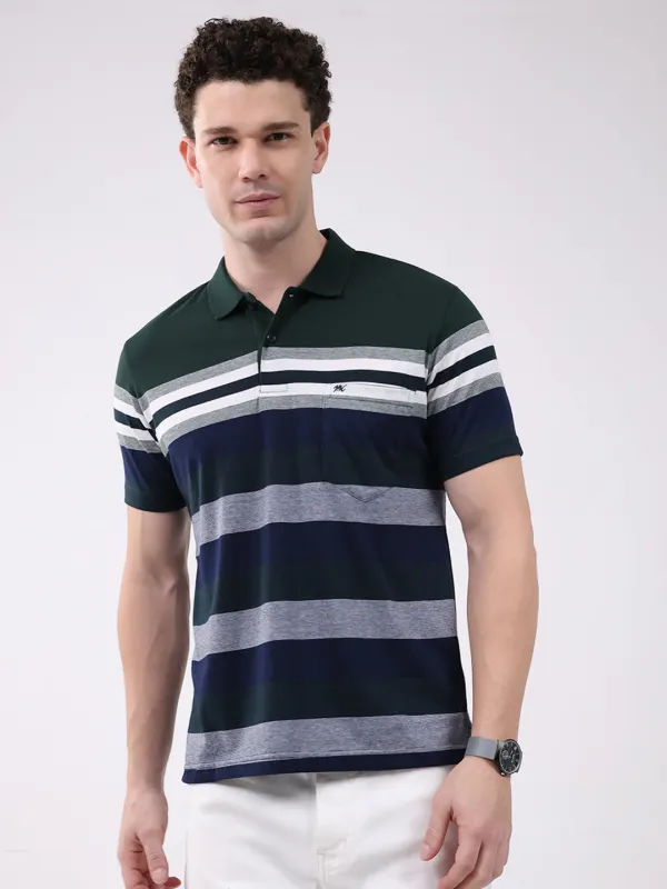 Men Green Stripe Collar Half Sleeve T-Shirt made by Monte Carlo