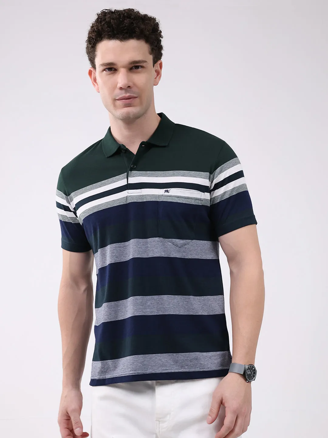 Men Green Stripe Collar Half Sleeve T-Shirt sold by Monte Carlo