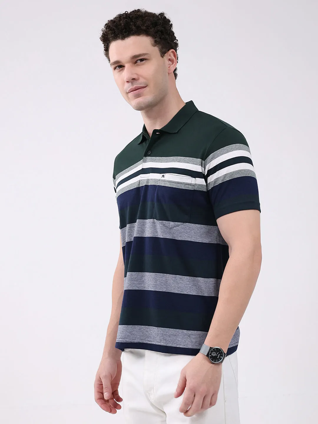 Men Green Stripe Collar Half Sleeve T-Shirt sold by Monte Carlo product image thumbnail 3