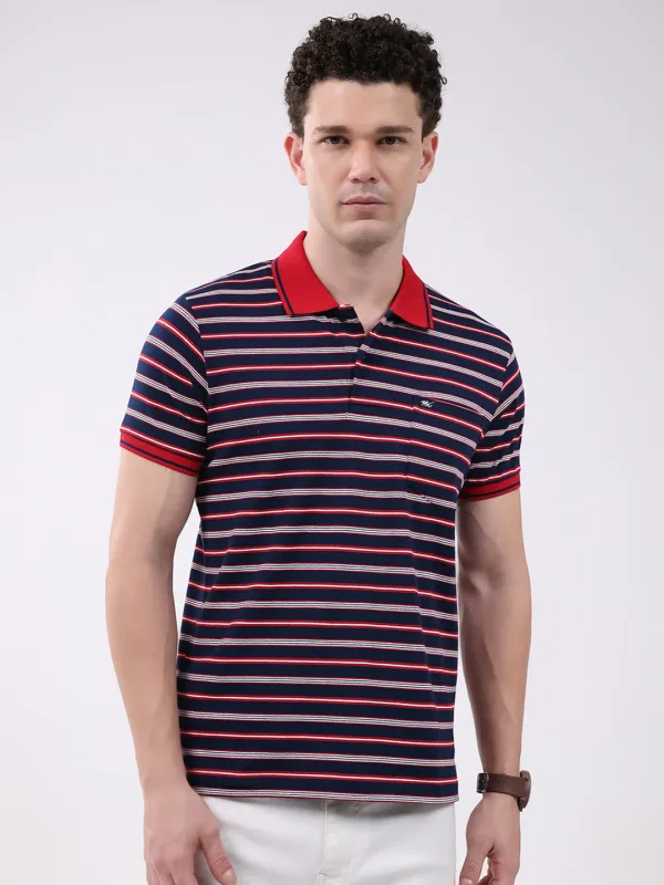 Men Navy Blue Stripe Collar Half Sleeve T-Shirt made by Monte Carlo