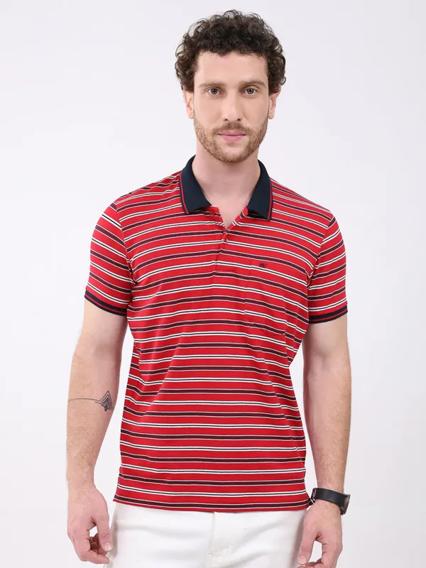 Men Red Stripe Collar Half Sleeve T-Shirt made by Monte Carlo