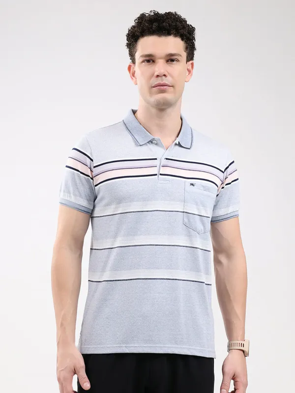 Men Sky Blue Stripe Collar Half Sleeve T-Shirt made by Monte Carlo