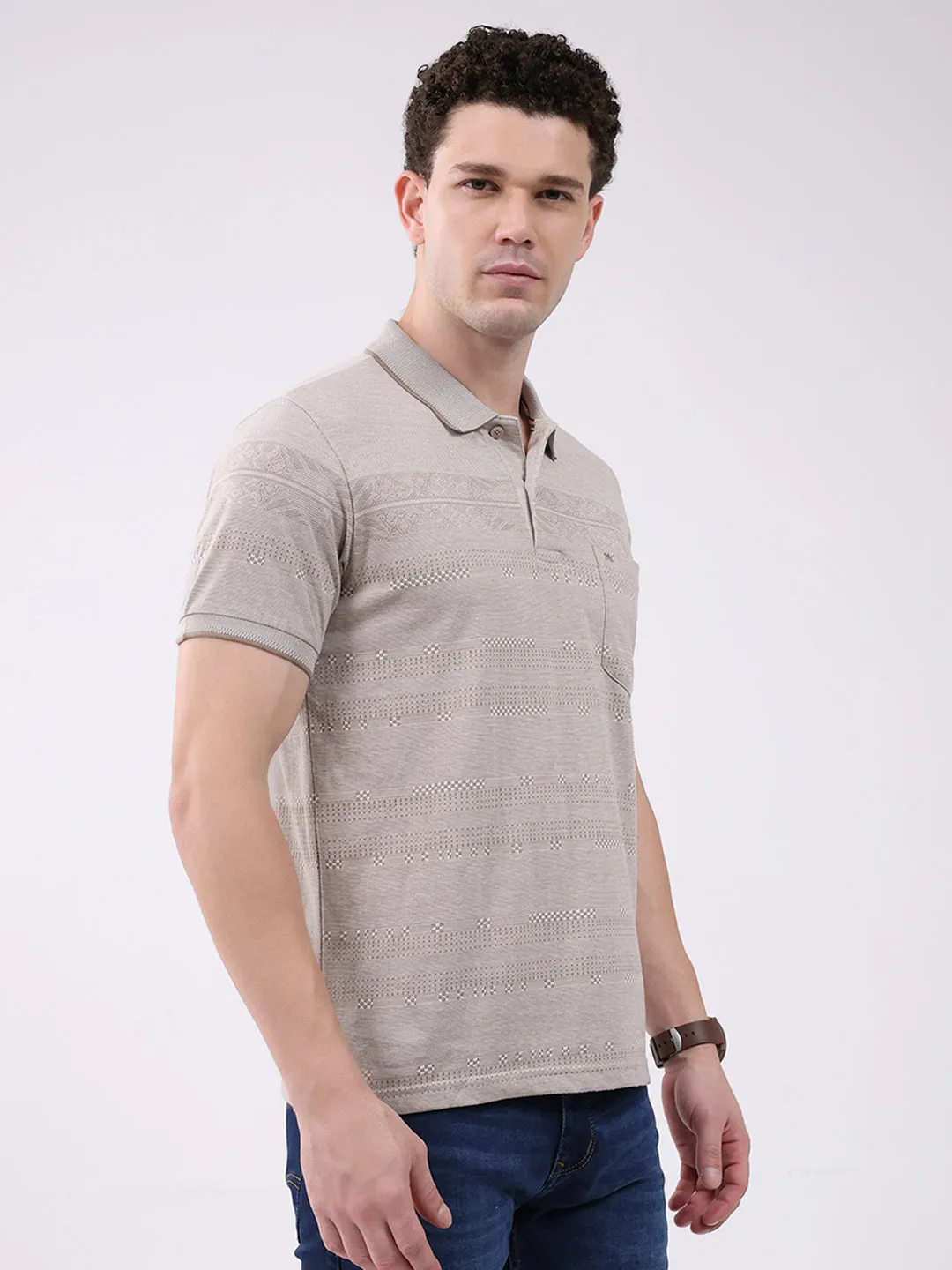 Men Beige Stripe Collar Half Sleeve T-Shirt sold by Monte Carlo product image thumbnail 3