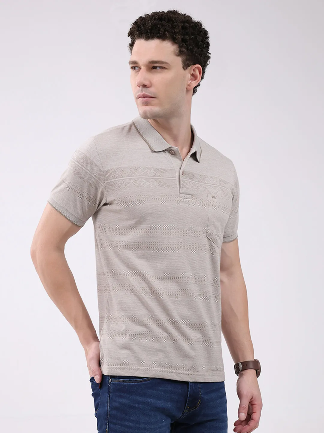 Men Beige Stripe Collar Half Sleeve T-Shirt sold by Monte Carlo product image thumbnail 4