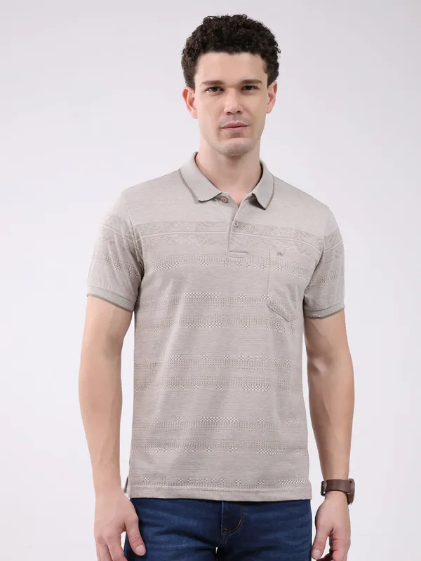 Men Beige Stripe Collar Half Sleeve T-Shirt sold by Monte Carlo