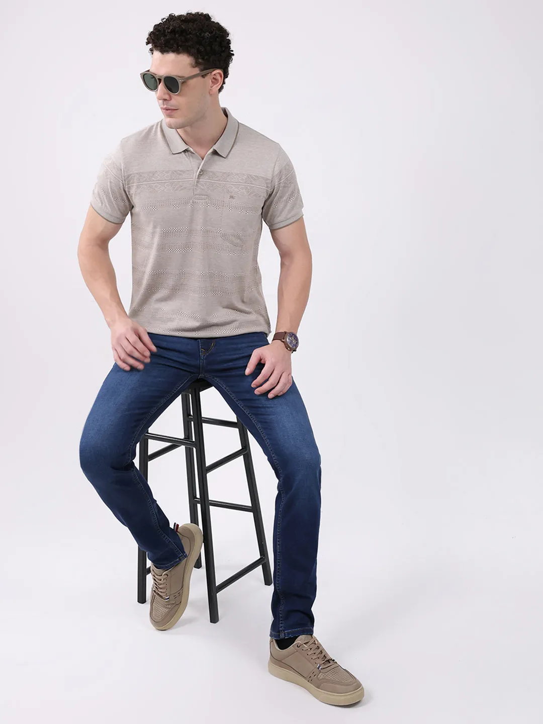 Men Beige Stripe Collar Half Sleeve T-Shirt sold by Monte Carlo product image thumbnail 2