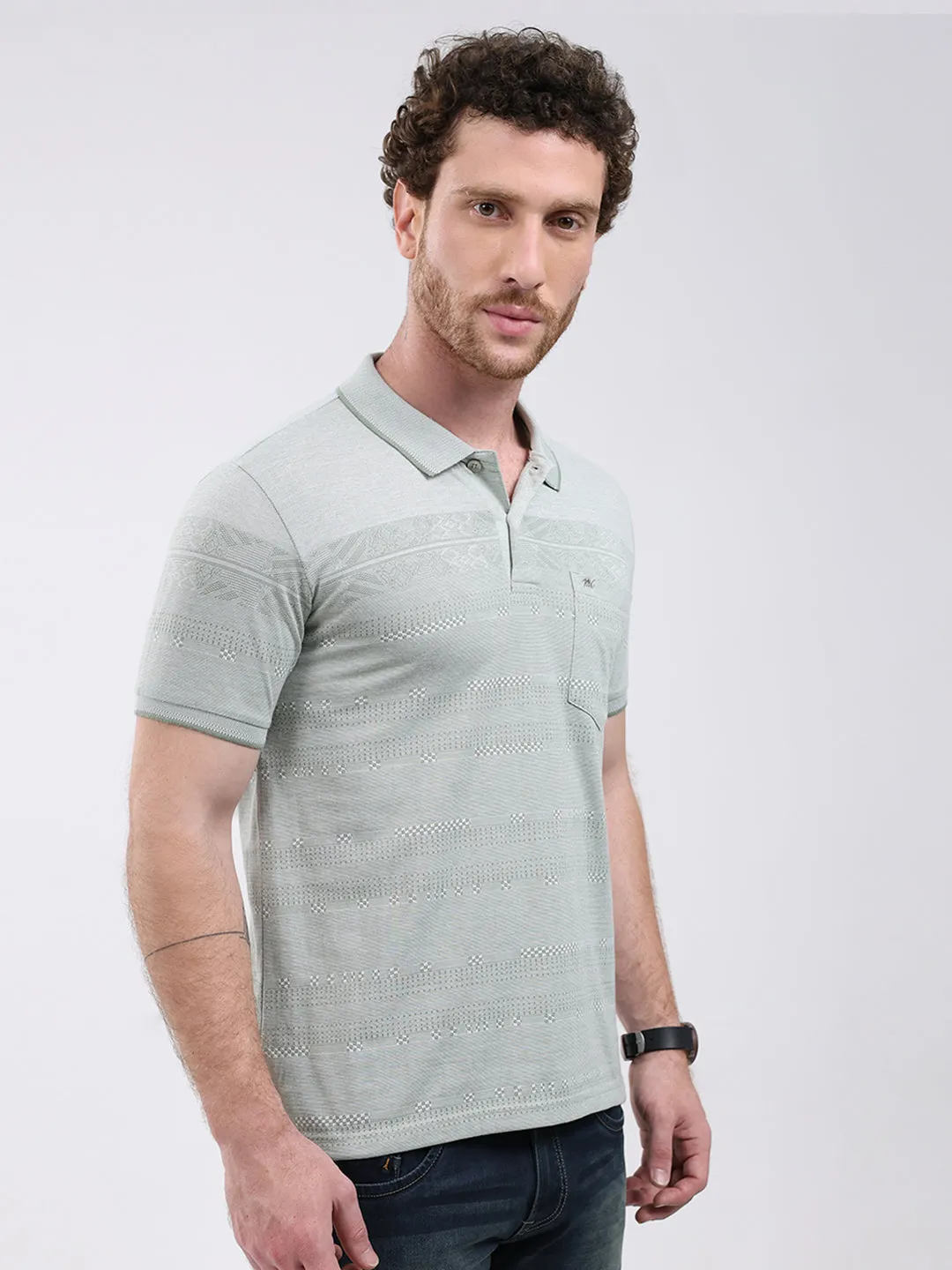 Men Green Stripe Collar Half Sleeve T-Shirt sold by Monte Carlo product image thumbnail 4