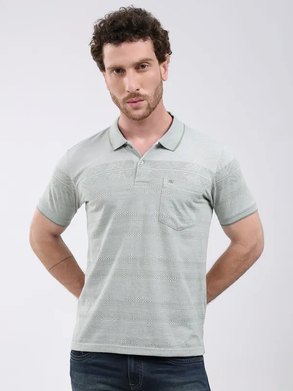 Men Green Stripe Collar Half Sleeve T-Shirt made by Monte Carlo