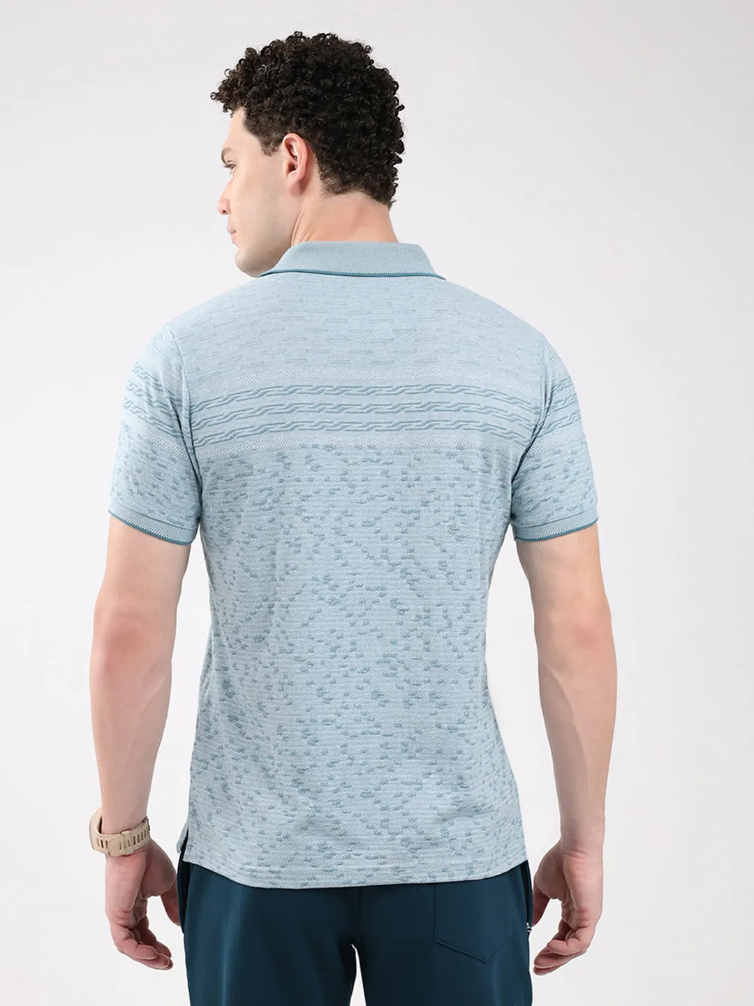 Men Turquoise Blue Stripe Collar Half Sleeve T-Shirt sold by Monte Carlo product image thumbnail 5