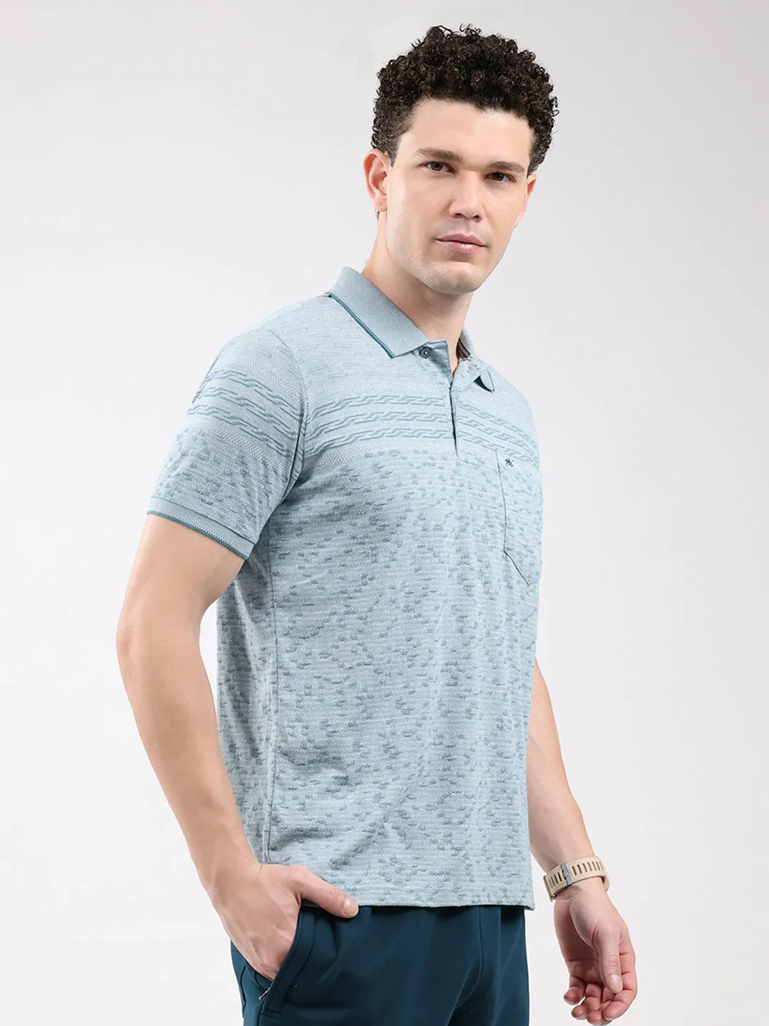 Men Turquoise Blue Stripe Collar Half Sleeve T-Shirt sold by Monte Carlo product image thumbnail 3