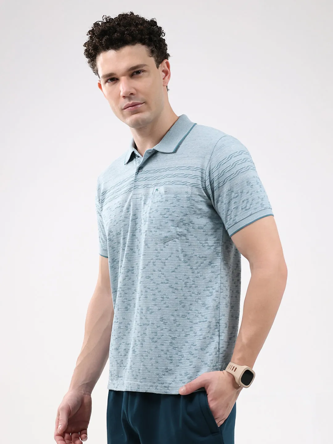 Men Turquoise Blue Stripe Collar Half Sleeve T-Shirt sold by Monte Carlo product image thumbnail 4