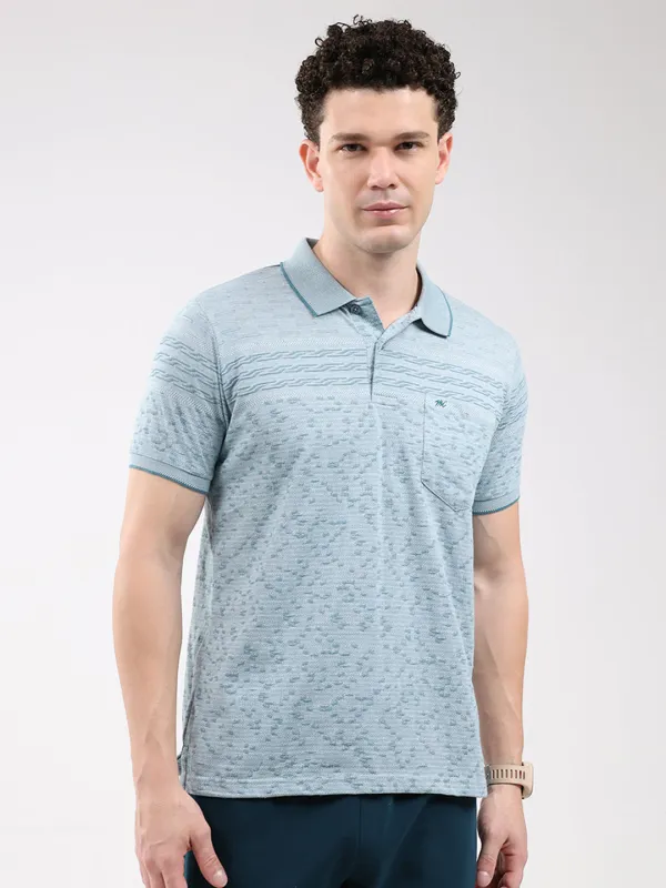 Men Turquoise Blue Stripe Collar Half Sleeve T-Shirt made by Monte Carlo