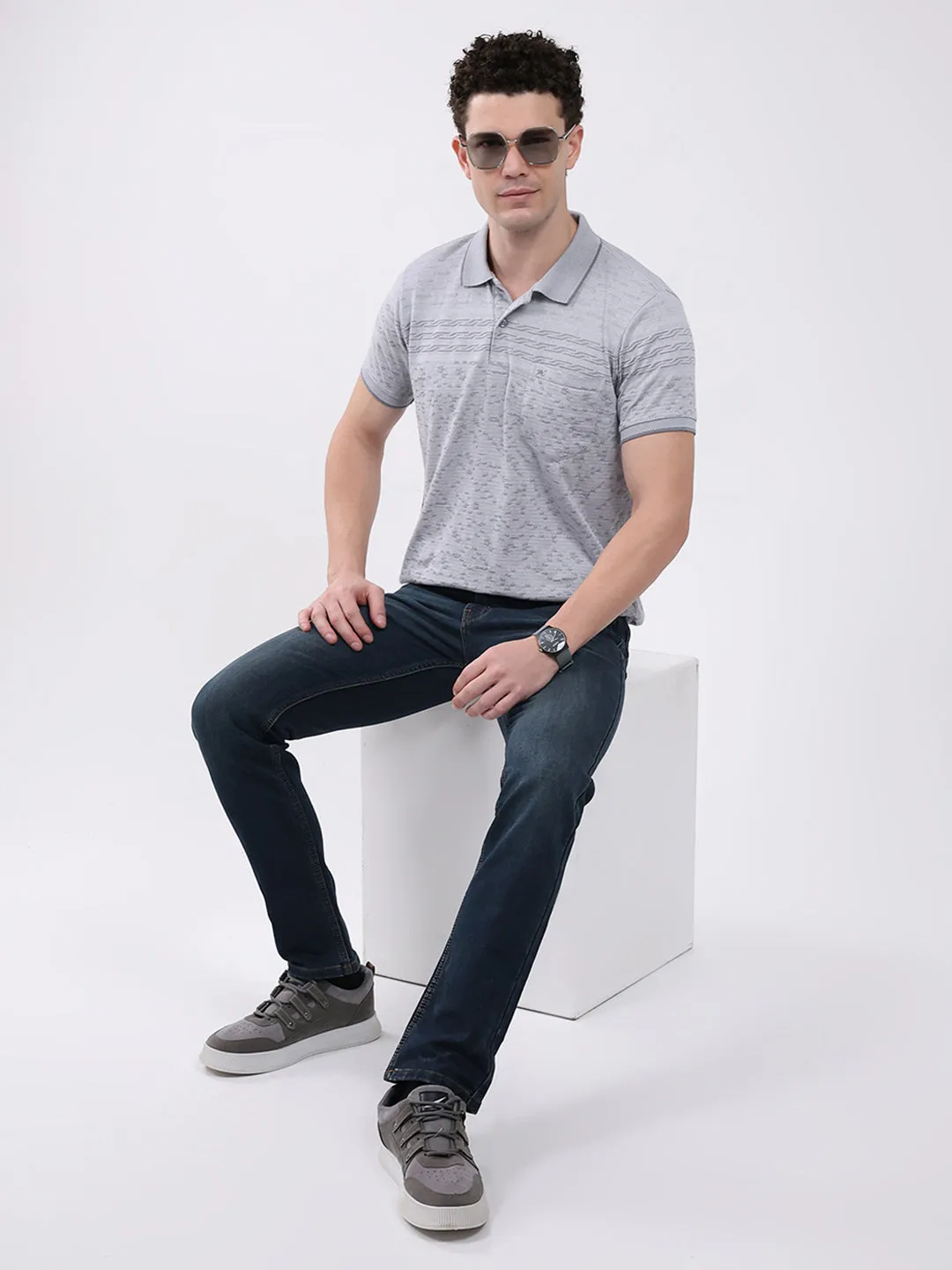 Men Grey Stripe Collar Half Sleeve T-Shirt sold by Monte Carlo product image thumbnail 2