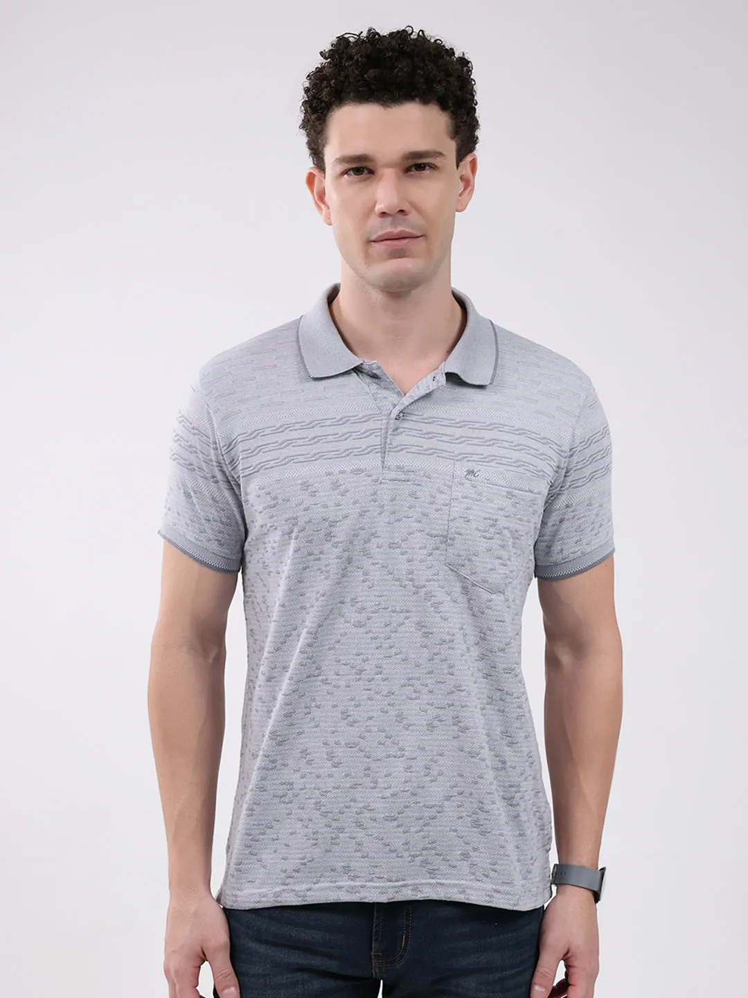 Men Grey Stripe Collar Half Sleeve T-Shirt sold by Monte Carlo
