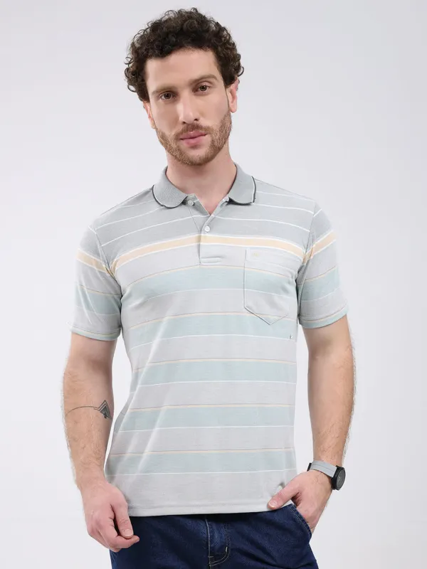 Men Green Stripe Collar Half Sleeve T-Shirt made by Monte Carlo