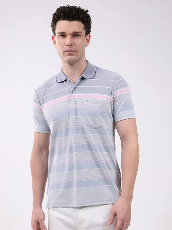 Men Blue Stripe Collar Half Sleeve T-Shirt sold by Monte Carlo