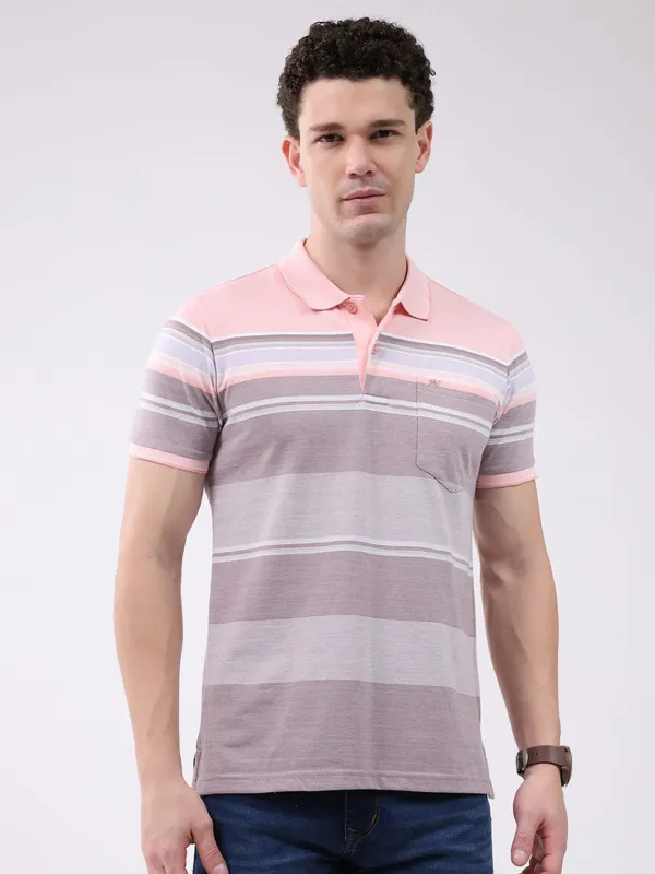 Men Pink Stripe Collar Half Sleeve T-Shirt made by Monte Carlo