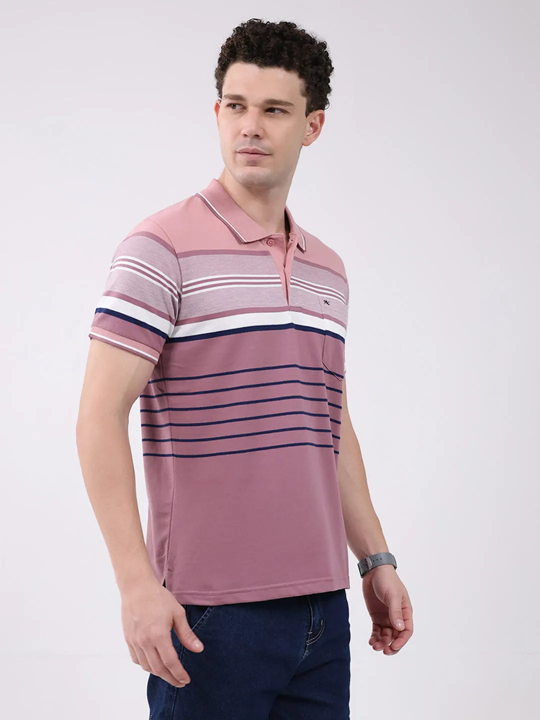 Men Pink Stripe Collar Half Sleeve T-Shirt sold by Monte Carlo product image thumbnail 4