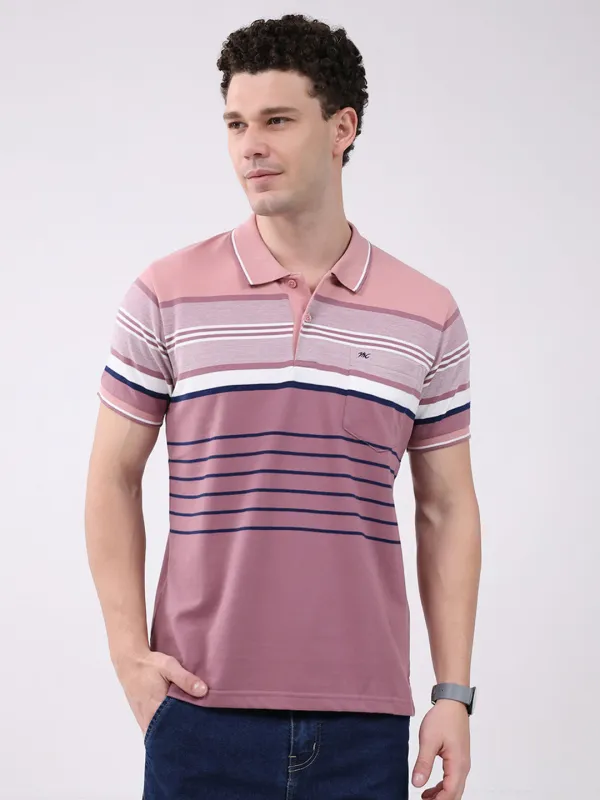 Men Pink Stripe Collar Half Sleeve T-Shirt made by Monte Carlo