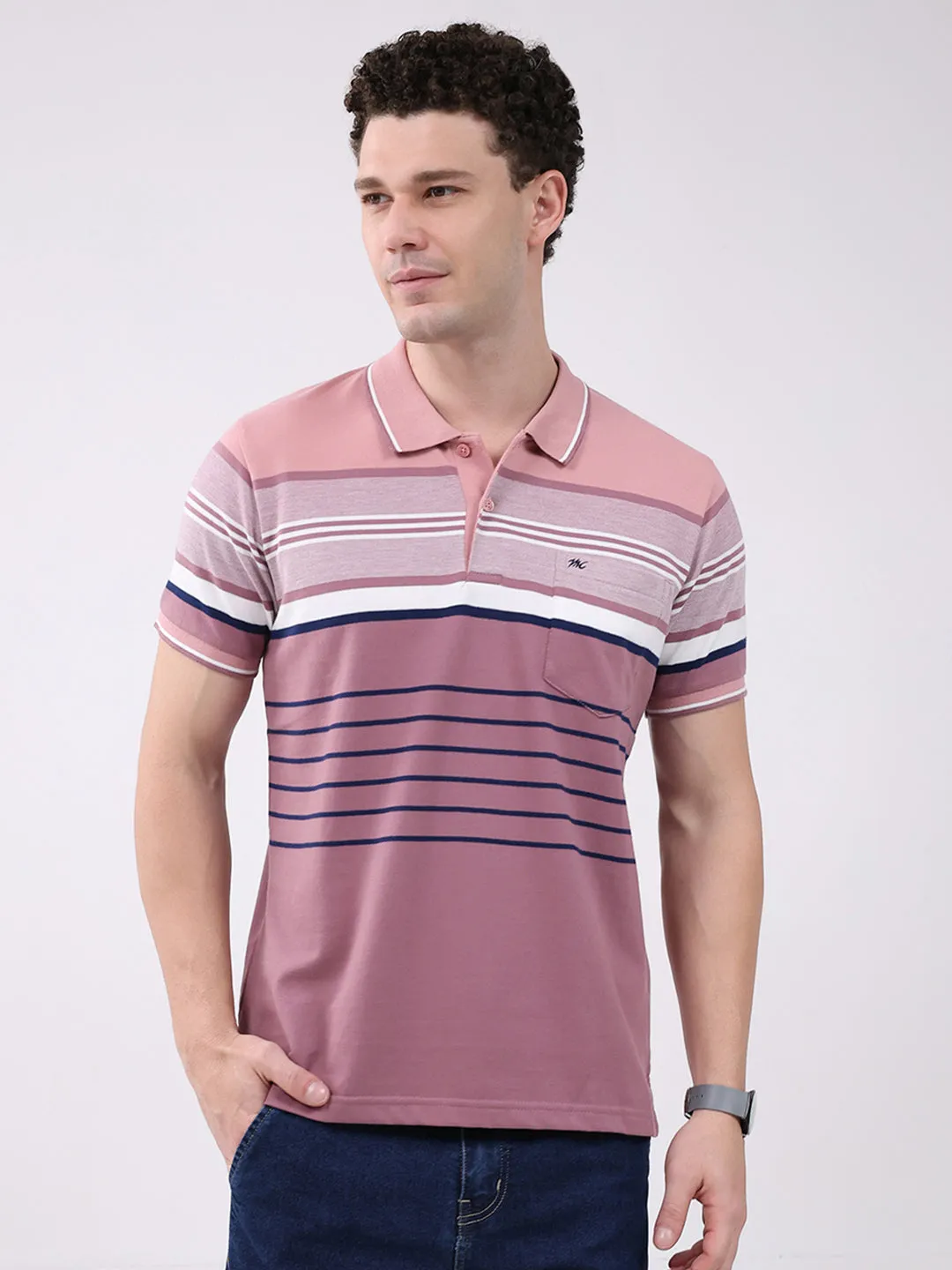 Men Pink Stripe Collar Half Sleeve T-Shirt sold by Monte Carlo