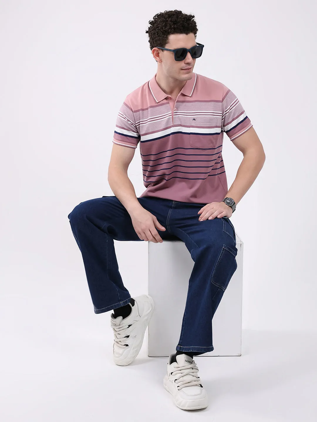 Men Pink Stripe Collar Half Sleeve T-Shirt sold by Monte Carlo product image thumbnail 2