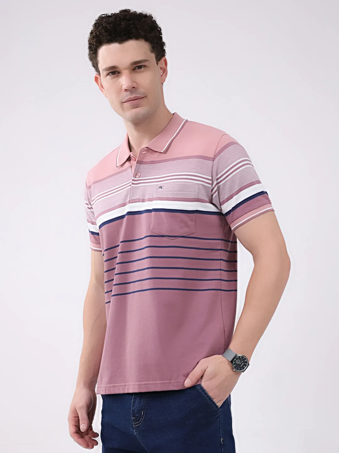 Men Pink Stripe Collar Half Sleeve T-Shirt sold by Monte Carlo product image thumbnail 3