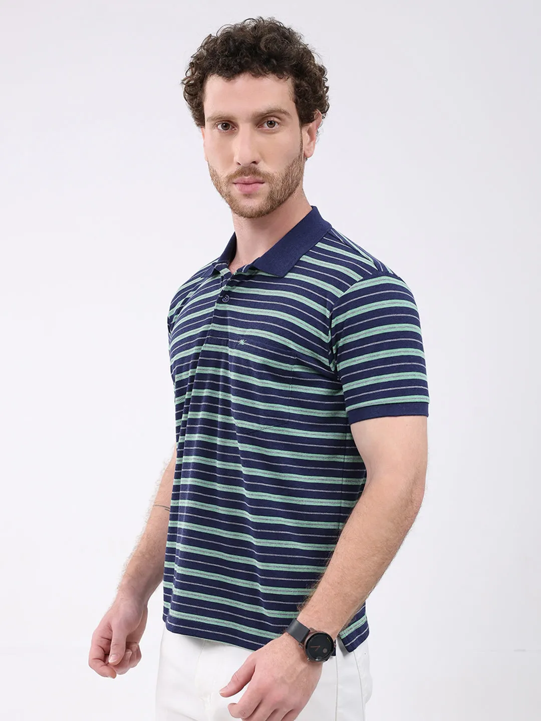 Men Navy Blue Stripe Collar Half Sleeve T-Shirt sold by Monte Carlo product image thumbnail 3