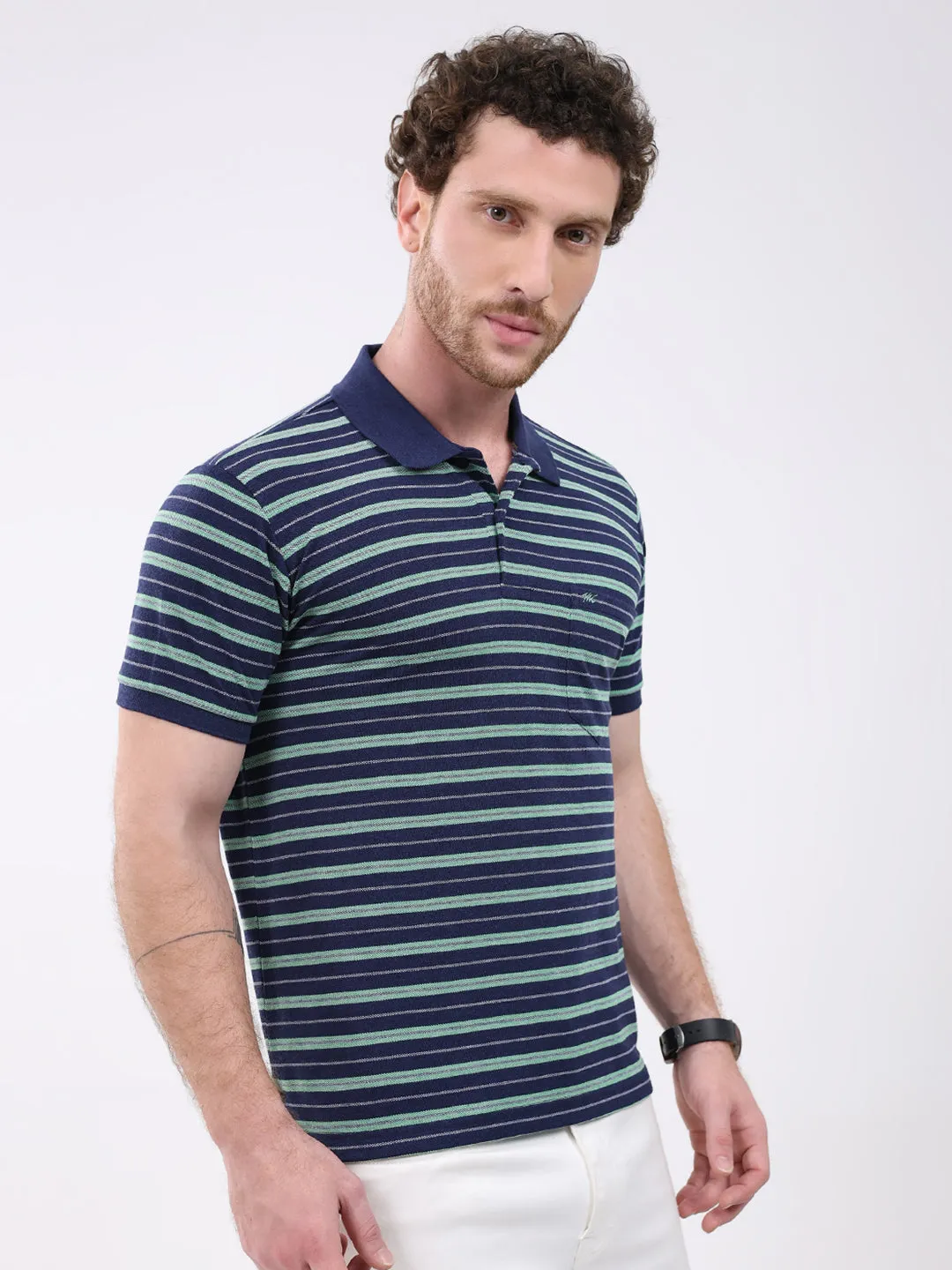 Men Navy Blue Stripe Collar Half Sleeve T-Shirt sold by Monte Carlo product image thumbnail 4
