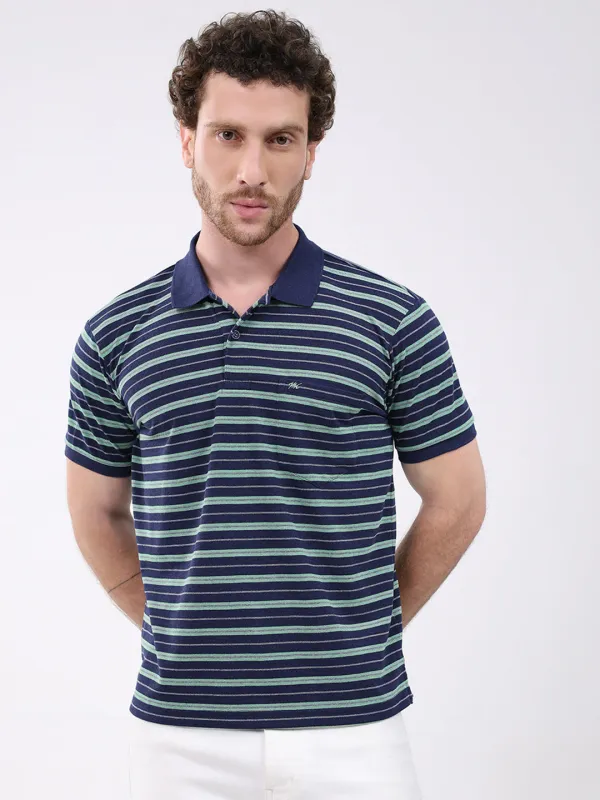 Men Navy Blue Stripe Collar Half Sleeve T-Shirt made by Monte Carlo