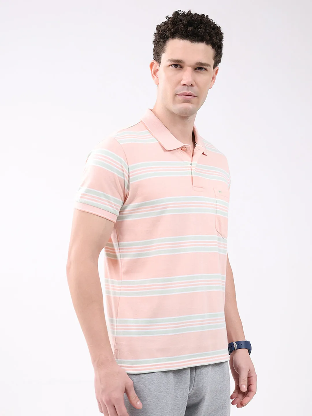 Men Peach Stripe Collar Half Sleeve T-Shirt sold by Monte Carlo product image thumbnail 3