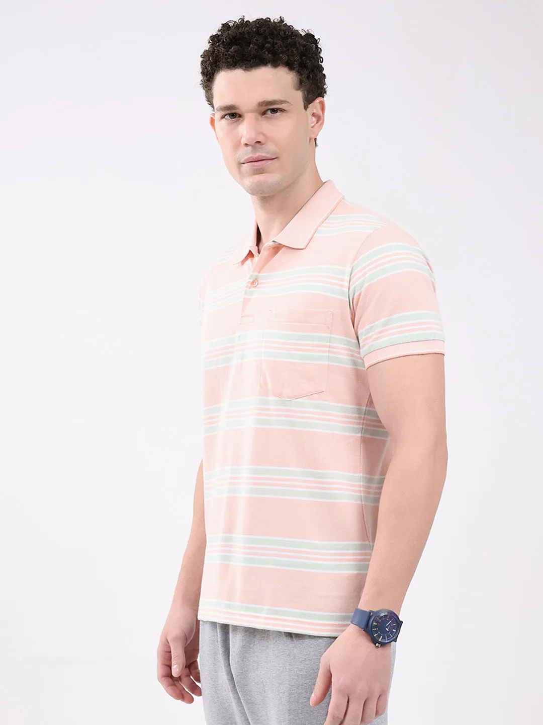 Men Peach Stripe Collar Half Sleeve T-Shirt sold by Monte Carlo product image thumbnail 4