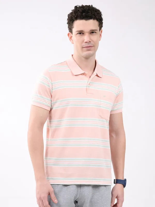 Men Peach Stripe Collar Half Sleeve T-Shirt made by Monte Carlo