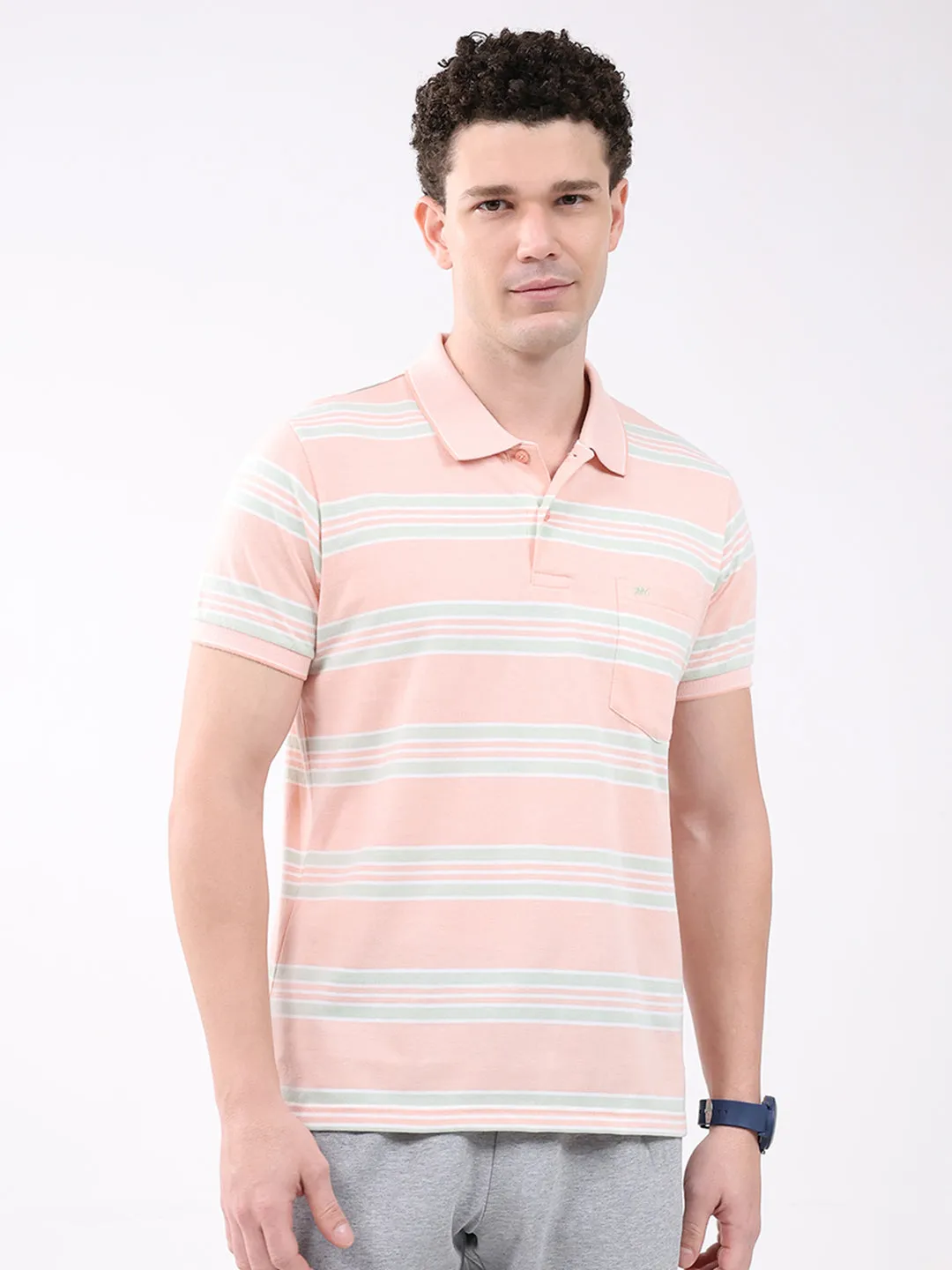 Men Peach Stripe Collar Half Sleeve T-Shirt sold by Monte Carlo